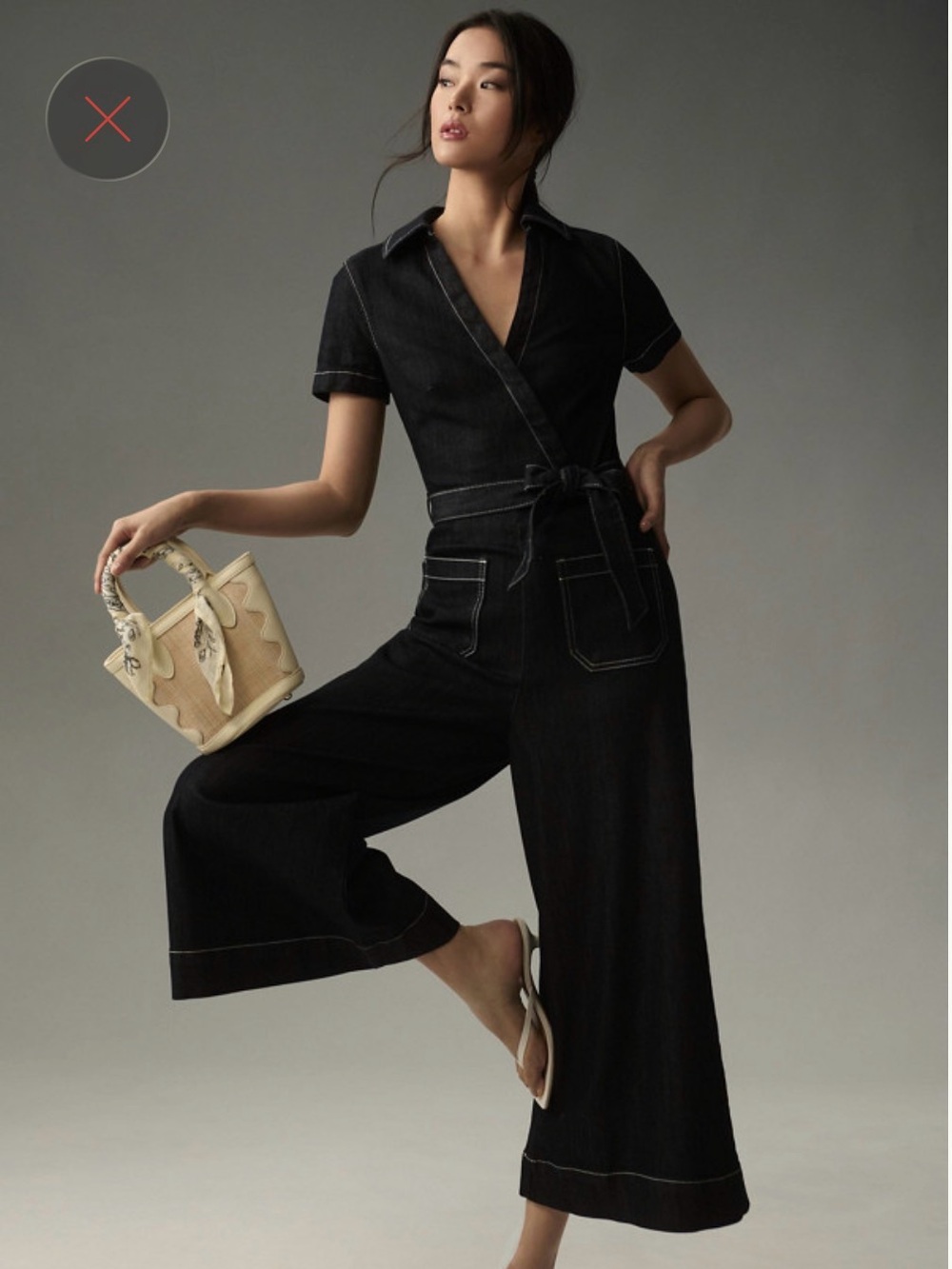 Maeve Black Short-Sleeve Denim Jumpsuit with Wide-Leg Skirt Size 10T